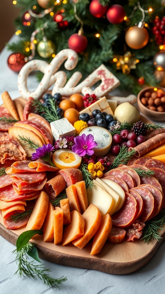 A festive charcuterie board with meats, cheeses, fruits, and holiday decorations.